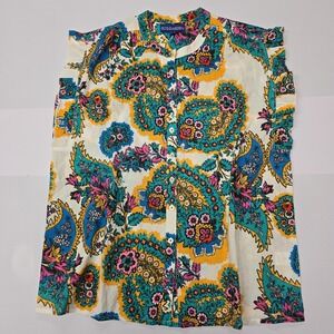 ROS GARDEN Womens Paisley Print Sleeveless Button Up Blouse Shirt Top Cotton